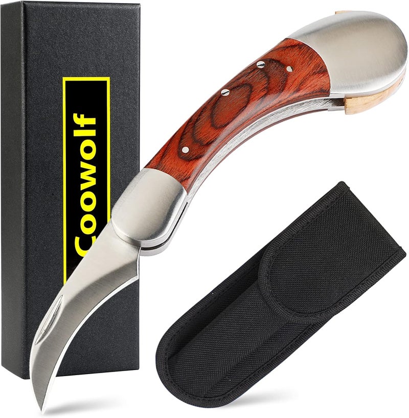 Coowolf Mushroom Knife with Brush and Sheath, Curved Stainless Steel Blade, Hardwood Handle, 7.1 Inch Folding Design, for Morels, Porcini, Chanterelles, Foraging Mushroom Gifts - Image 1
